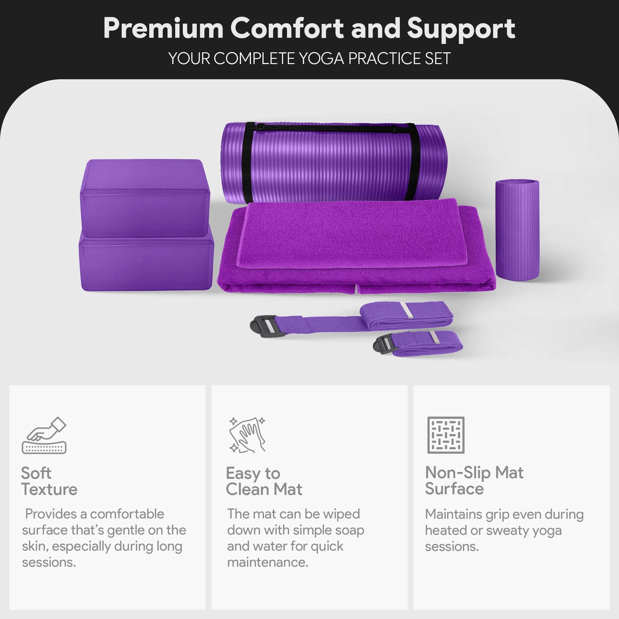 BalanceFrom Fitness 7 Piece Yoga Set with Mat, Stretch Strap, & Knee Pad, Purple