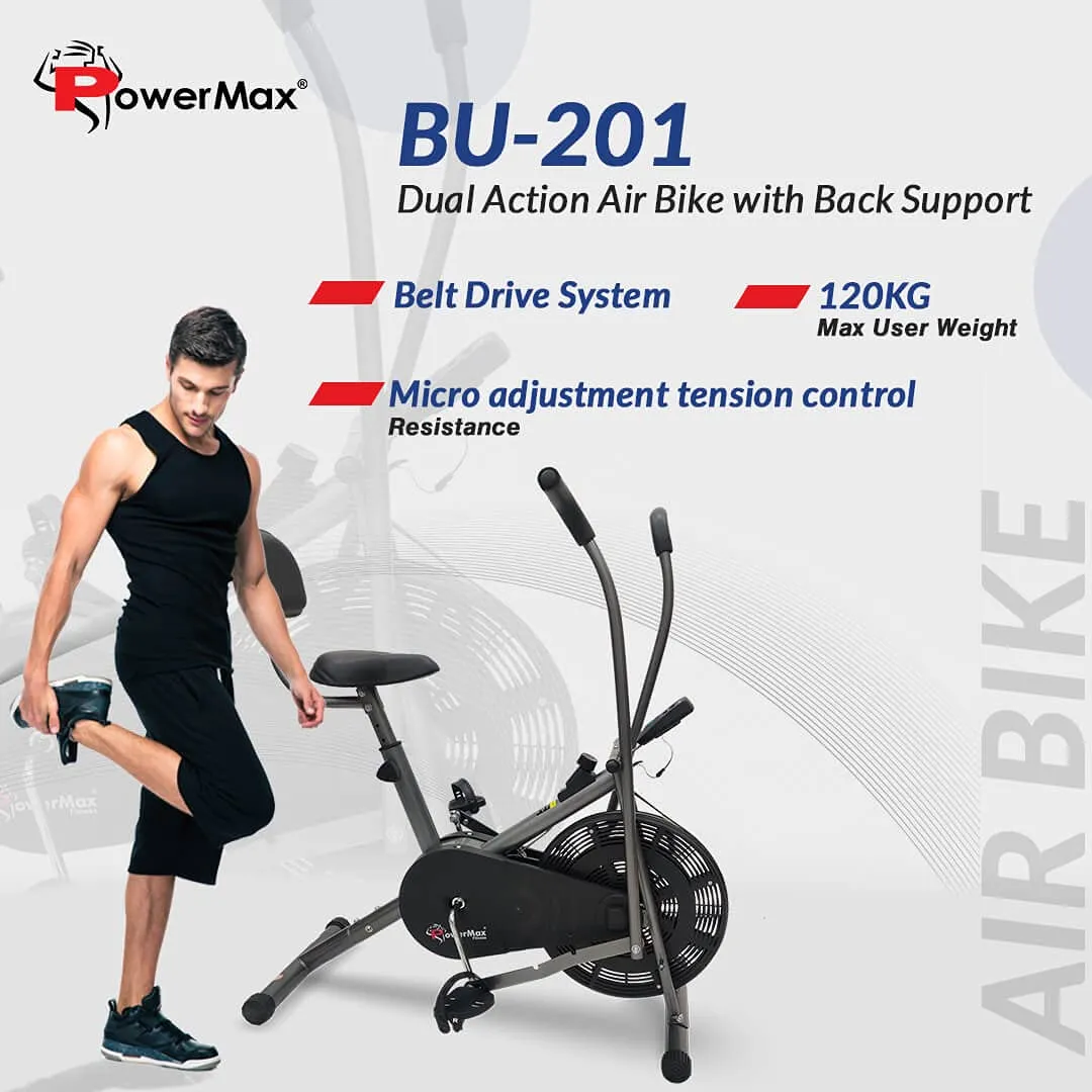 BU-201 Dual Action Air Bike/Exercise Bike for Home |Gym Cycle for Workout With Adjustable Cushioned Seat | Non-Slip Pedals | Fixed Handles Black Gym Bike