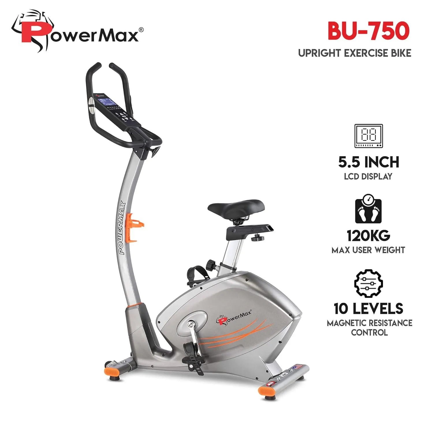 BU-750 Exercise Upright Bike with Hand Pulse | Adjustable Resistance | Water Bottle Cage | 9KG Flywheel for Cardio Training Workout at Home | Silver shine colour