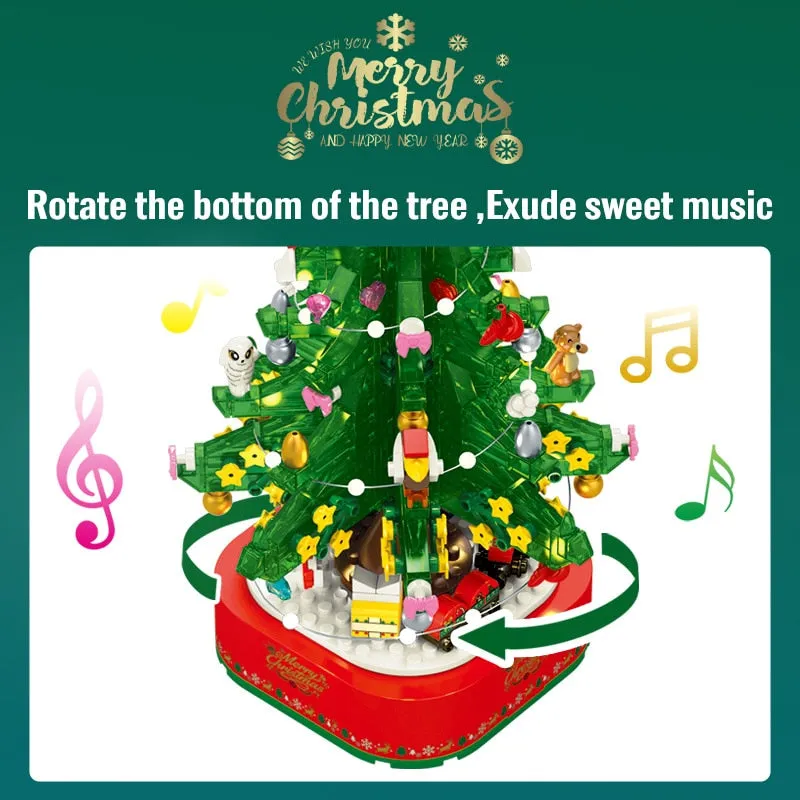 City Christmas Tree Rotating Music Box Building Blocks Friends Santa Claus LED Light Shining Xmas Bricks Toys For Children Girls