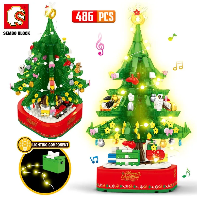 City Christmas Tree Rotating Music Box Building Blocks Friends Santa Claus LED Light Shining Xmas Bricks Toys For Children Girls