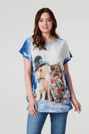 Embellished Kitten Print Top