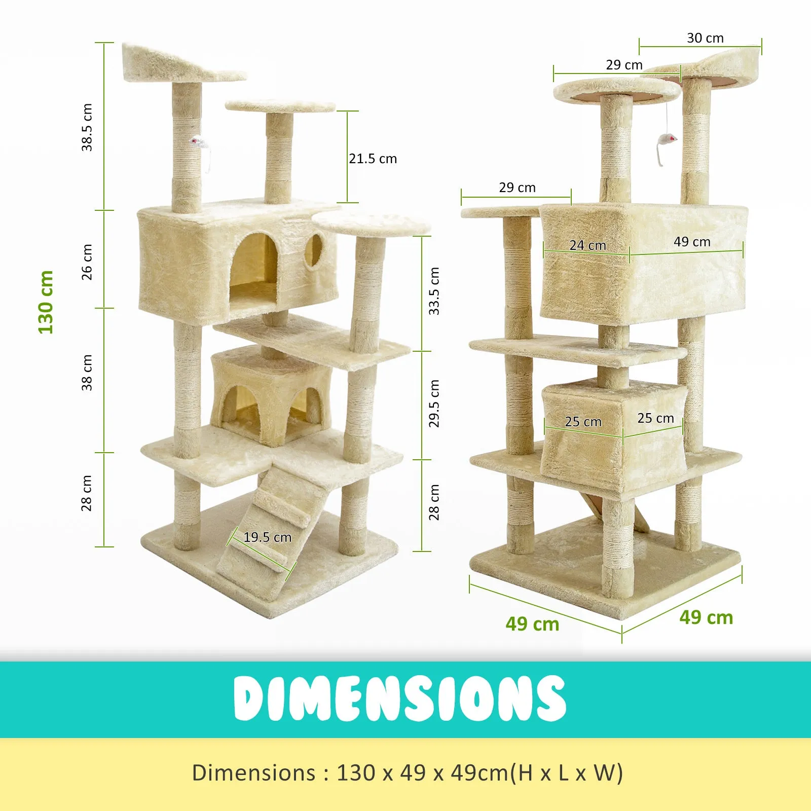 Multi-Level 130cm Cat Tree Scratcher with Plush Platforms