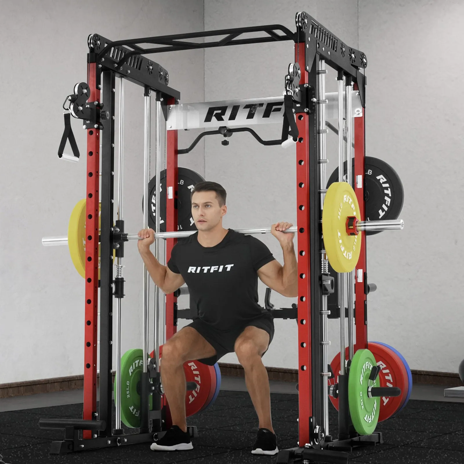 RitFit M1 Multi-Functional Smith Machine 2.0 with Cable Crossover System and Squat Rack for Home Gym