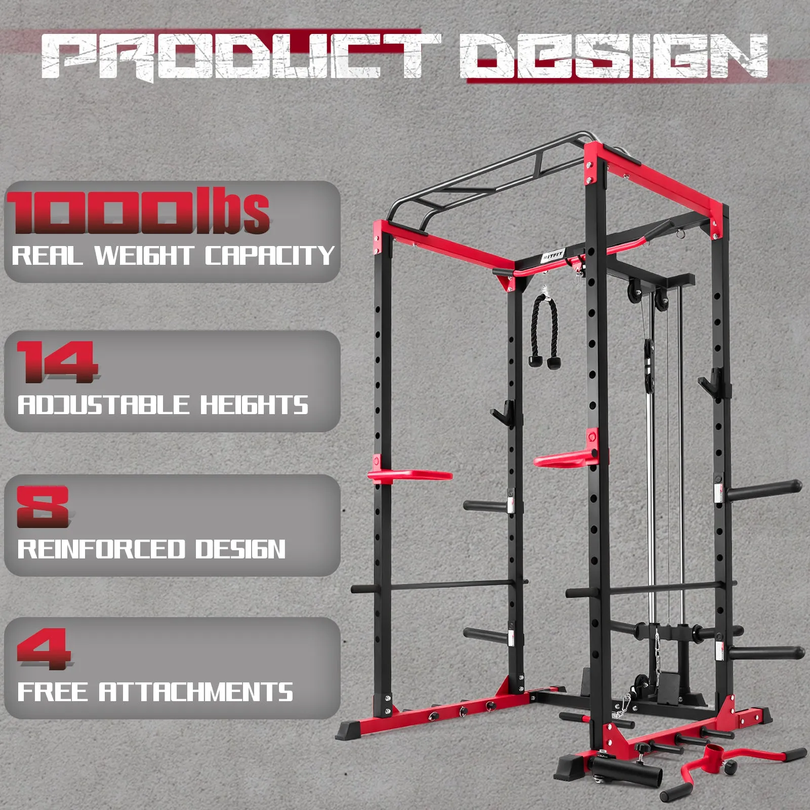 RitFit PPC02C Squat Rack with LAT Pulldown for Home Gym