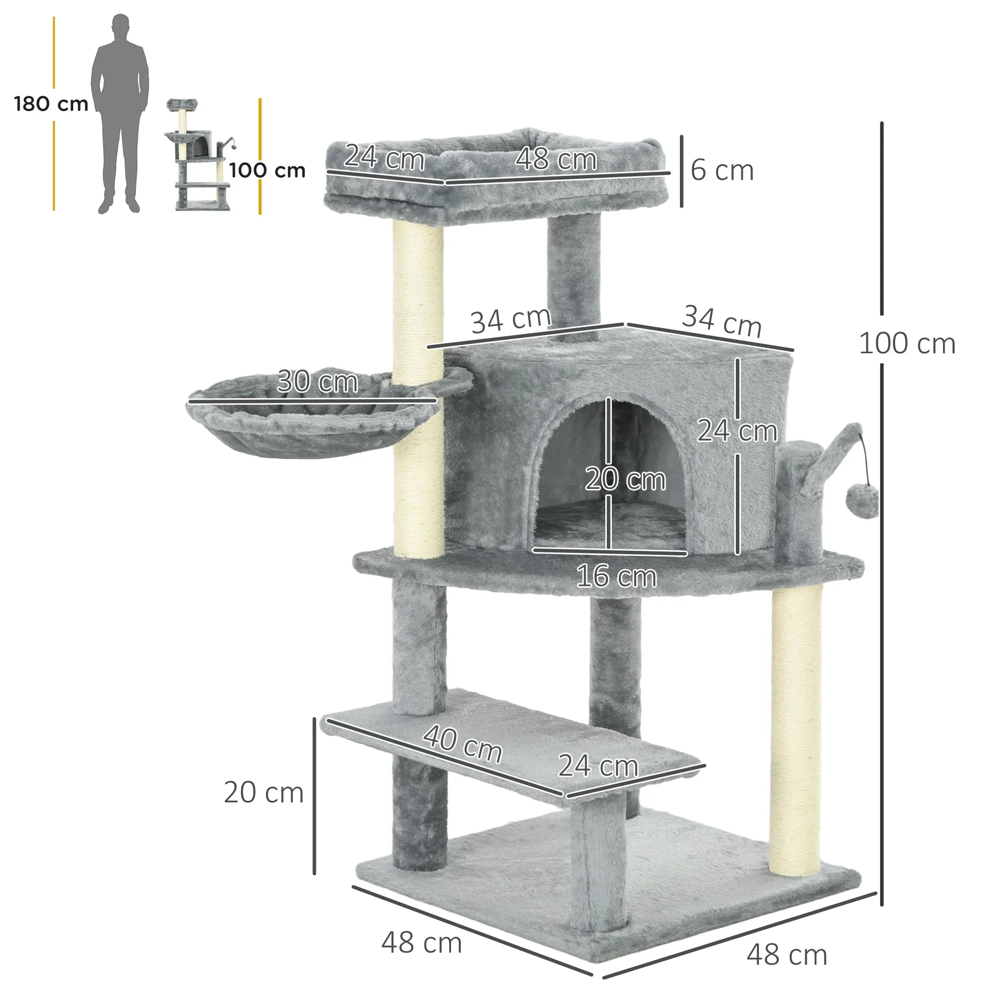 Sisal 100cm Cat Tree Tower with Sisal Scratching Post Grey