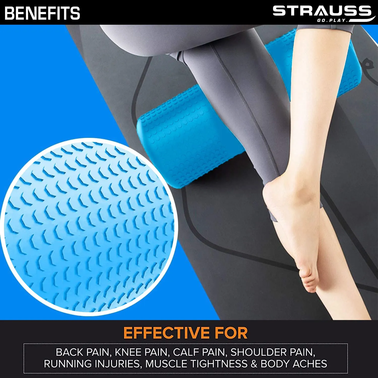 Strauss Yoga Foam Roller | Deep Tissue Massage Roller for Knee Exercise, Muscles Recovery & Physiotherapy | Home Gym Fitness Equipment for Full Body Relaxation and Flexibility | 45cm,(Sky Blue)