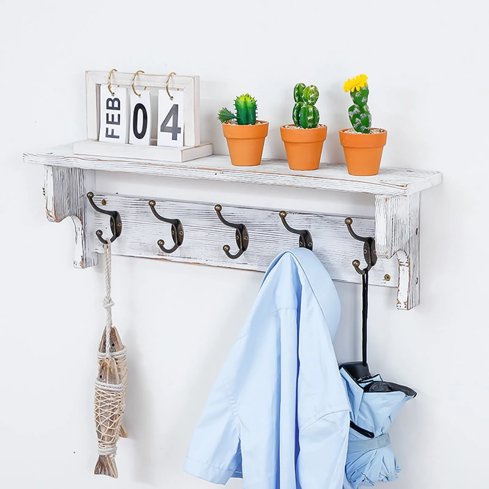 valiant 26in Wall Mounted Coat Hooks with Shelf Rustic Wood Coat Rack with 5 Dual Metal Hooks